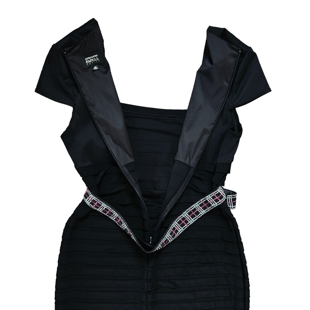 Adrianna Papell Black Belted Beaded Dress 12P Square Neck Eveningwear - Picture 10 of 15